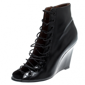 Pre Owned Givenchy Black Leather Wedge Heel Open Toe Ankle Boots Size 39.5