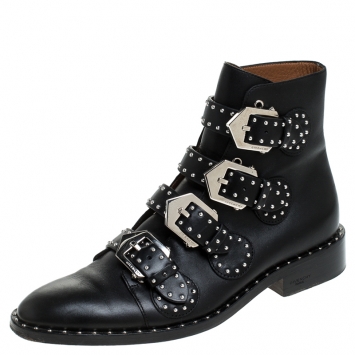 Pre Owned Givenchy Black Leather Studded Buckle Detail Ankle Boots Size 38