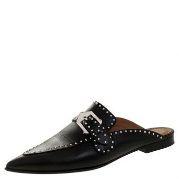 Pre Owned Givenchy Black Studded Leather Buckle Logo Detail Flat Mules Size 39