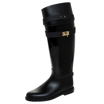Pre Owned Givenchy Black Rubber Shark Lock Flat Knee Boots Size 36