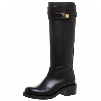 Pre Owned Givenchy Black Leather Shark Lock Knee Length Boots Size 40