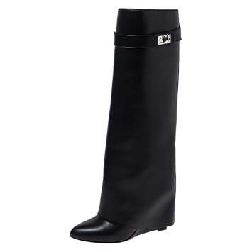 Pre Owned Givenchy Black Leather Shark Lock Wedge Knee High Boots Size 39.5