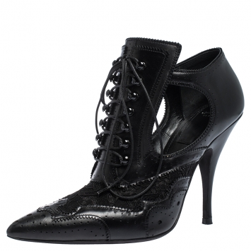 Pre Owned Givenchy Black Leather And Lace Pointed Toe Ankle Booties Size 37