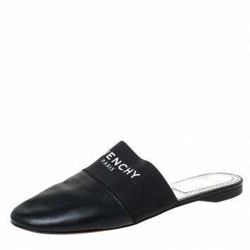 Pre Owned Givenchy Black Leather And Elastic Logo Flat Mules Size 38