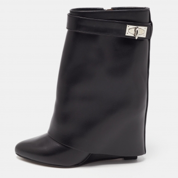 Pre Owned Givenchy Black Leather Shark Lock Wedge Boots Size 37