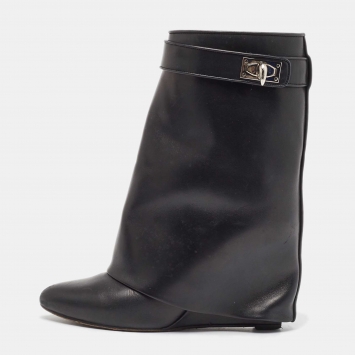 Pre Owned Givenchy Black Leather Shark Lock Wedge Ankle Boots Size 38