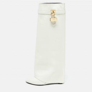 Pre Owned Givenchy White Leather Shark Lock Knee Length Boots Size 40