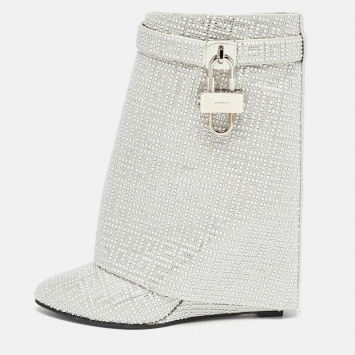 Pre Owned Givenchy Silver Satin Crystal Embellished Shark Lock Ankle Boots Size 40