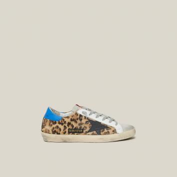 Pre Owned Golden Goose Deluxe Brand Animal Superstar Leopard Print Blue Tab Leather Sneakers Size IT 35