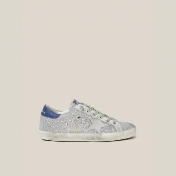 Pre Owned Golden Goose Deluxe Brand Metallic Superstar Silver Glitter Navy Tab Leather Sneakers Size IT 35