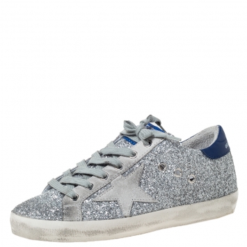 Pre Owned Golden Goose Deluxe Brand Silver Glitter Leather And Grey Suede Star Sneakers Size 35