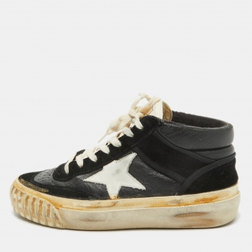 Pre Owned Golden Goose Black/White Leather and Suede Mid Star Sneakers Size 36