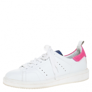 Pre Owned Golden Goose White/Pink Leather and Calfhair Trim Tennis Low Top Sneakers Size 39