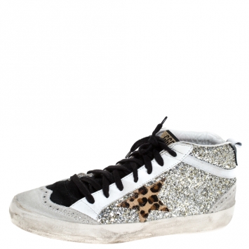 Pre Owned Golden Goose Silver/Black Glitter Star Mid High Sneakers Size 39
