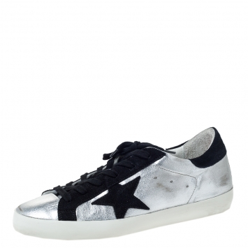 Pre Owned Golden Goose Silver Leather And Black Suede Distressed Star Low Top Sneakers Size 39