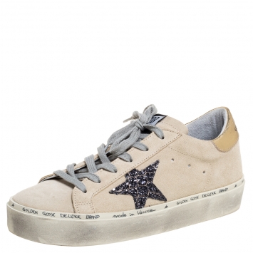 Pre Owned Golden Goose Cream Suede Glitter Star Low Top Sneakers Size 38