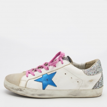 Pre Owned Golden Goose White/Grey Leather And Suede Super Star Low Top Sneakers Size 39