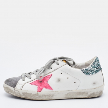 Pre Owned Golden Goose White/Grey Leather and Suede Super Star Low Top Sneakers Size 37