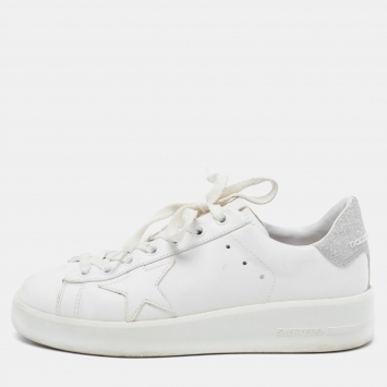 Pre Owned Golden Goose White/Silver Leather and Glitter Purestar Sneakers Size 36