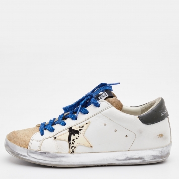 Pre Owned Golden Goose White/Brown Leather and Suede Super Star Low Top Sneakers Size 37