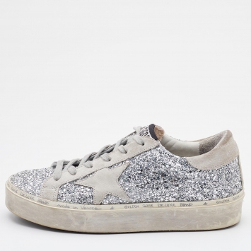 Pre Owned Golden Goose Silver/Grey Glitter and Suede Hi Star Low-Top Sneakers Size 37