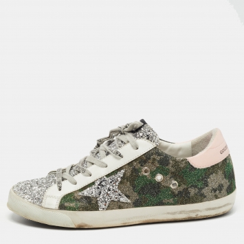Pre Owned Golden Goose Multicolor Glitter and Leather Superstar Lace Up Sneakers Size 40