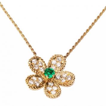 Pre Owned Graff 18K Yellow Gold Diamond Emerald Flower Motif Necklace