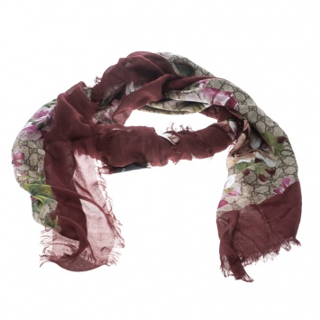 Pre Owned Gucci Maroon Guccissima and Blooms Print Fringed Edge Scarf