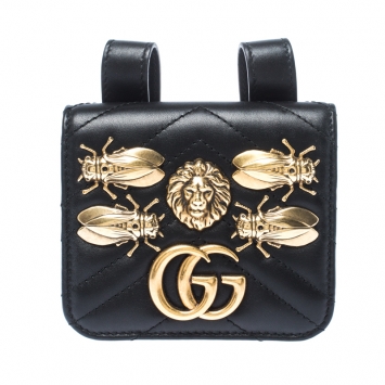 Pre Owned Gucci Black GG Marmont Matelasse Leather Animal Stud Belt Accessory
