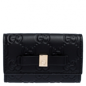 Pre Owned Gucci Black Guccissima Leather Bow Key Holder Case