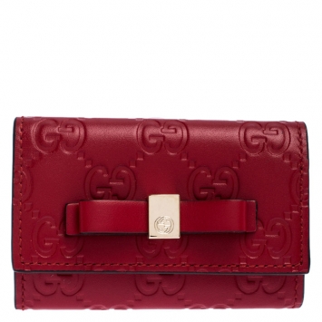Pre Owned Gucci Red Guccissima Leather Bow 6 Key Holder