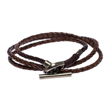 Pre Owned Gucci Brown Woven Leather Silver Wrap Toggle Bracelet