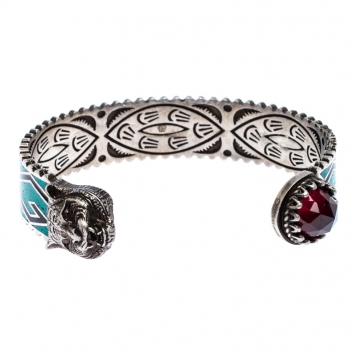Pre Owned Gucci Garden Feline Head Motif Enamel Silver Open Cuff Bracelet