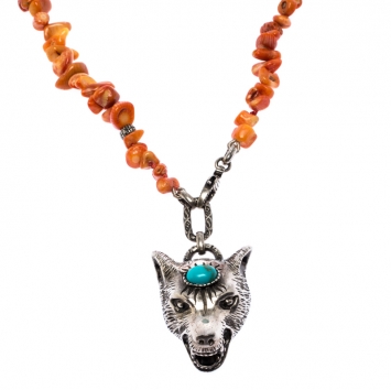 Pre Owned Gucci Anger Forest Wolf Head Orange Coral Silver Long Pendant Necklace