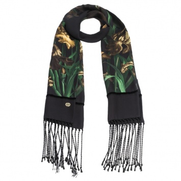 Pre Owned Gucci Black Vanily Iris Print Fringed Silk Georgette Scarf