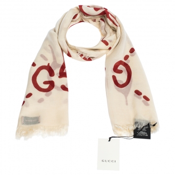 Pre Owned Gucci Cream and Red GG Ghost Print Modal & Silk Blend Scarf 