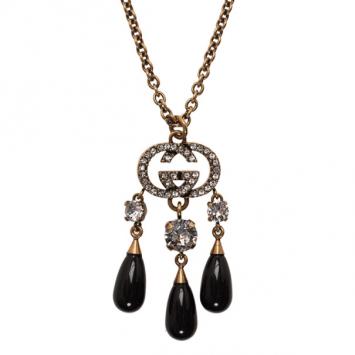 Pre Owned Gucci White Crystals and Black Glass Drops Pendant Necklace