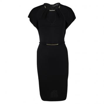 Pre Owned Gucci Black Knit Metal Embellished Cutout Detail Belted Dress S