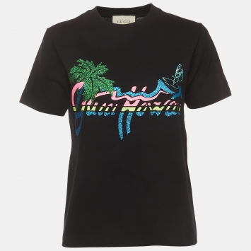 Pre Owned Gucci Black Printed Cotton Short Sleeve T-Shirt XXS