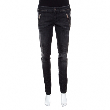 Pre Owned Gucci Dark Grey Faded Effect Denim Distressed Zip Detail Skinny Biker Jeans M