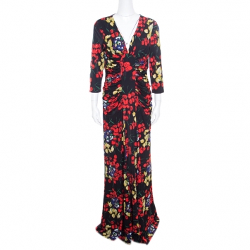 Pre Owned Roberto Cavalli Black Floral Shimmer Print Knit Ruched Front Maxi Dress L