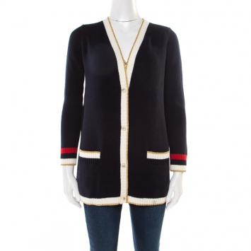 Pre Owned Gucci Navy Blue Web Trim Hanging Monkey Embroidered Embellished Cardigan S