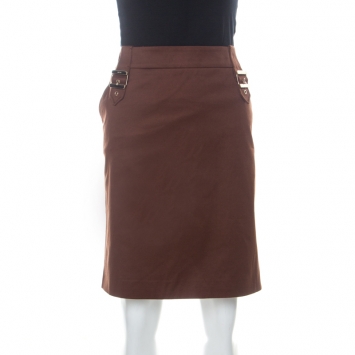 Pre Owned Gucci Brown Stretch Cotton Gold Buckle Detail Pencil Skirt L