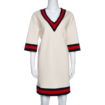 Pre Owned Gucci Cream Stretch Knit Webstripe Detail V Neck Shift Dress L