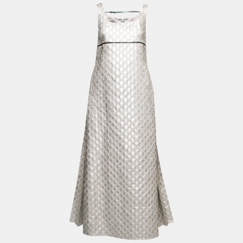 Pre Owned Gucci Gold Metallic GG Jacquard Empire Waist Pleated Long Dress S