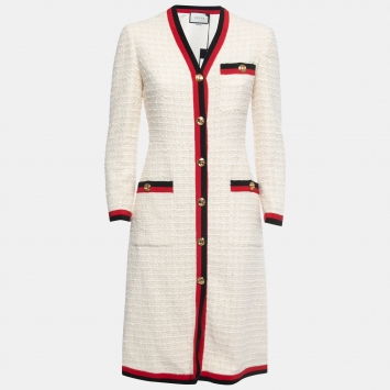 Pre Owned Gucci Cream Tweed Web Ribbon Trim Midi Dress S