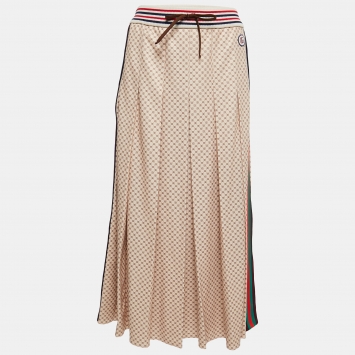 Pre Owned Gucci Beige GG Monogram Jersey Pleated Maxi Skirt L