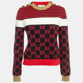 Pre Owned Gucci Red/Black GG Monogram Patterned Knit Sweater L