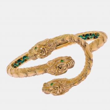 Pre Owned Gucci Dionysus 18K Yellow Gold and Enamel, Tsavorite Statement Bracelet
