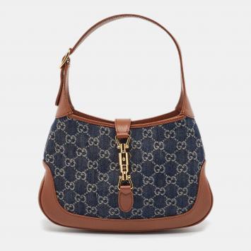 Pre Owned Gucci Brown/Blue GG Denim and Leather Jackie 1961 Shoulder Bag